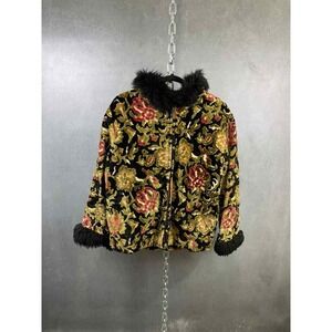 Vintage 70s zip up tapestry jacket with fur trimmed hood